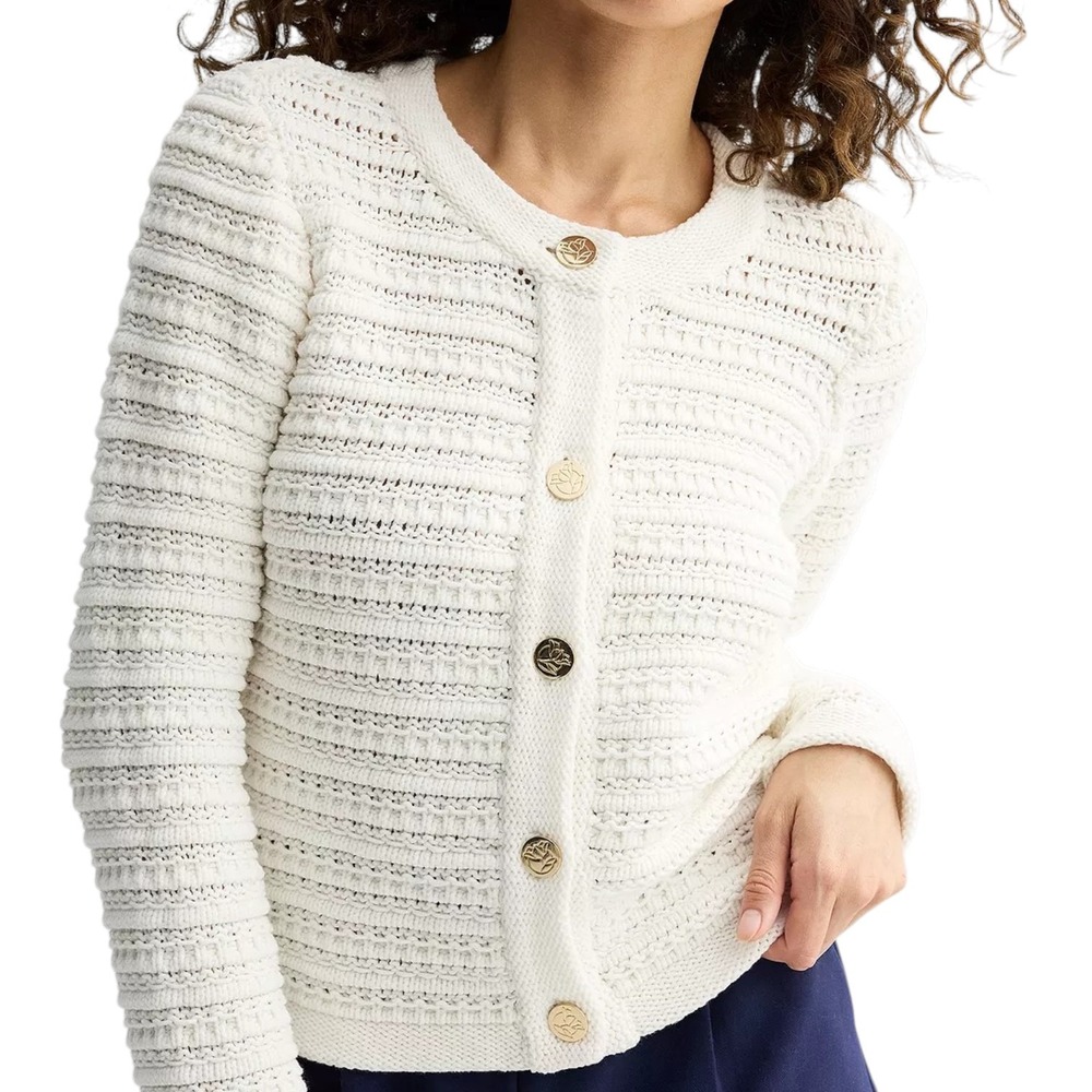 Draper James Button Front Cardigan Womens XXL Ivory Cotton Blend Chunky Knit NEW